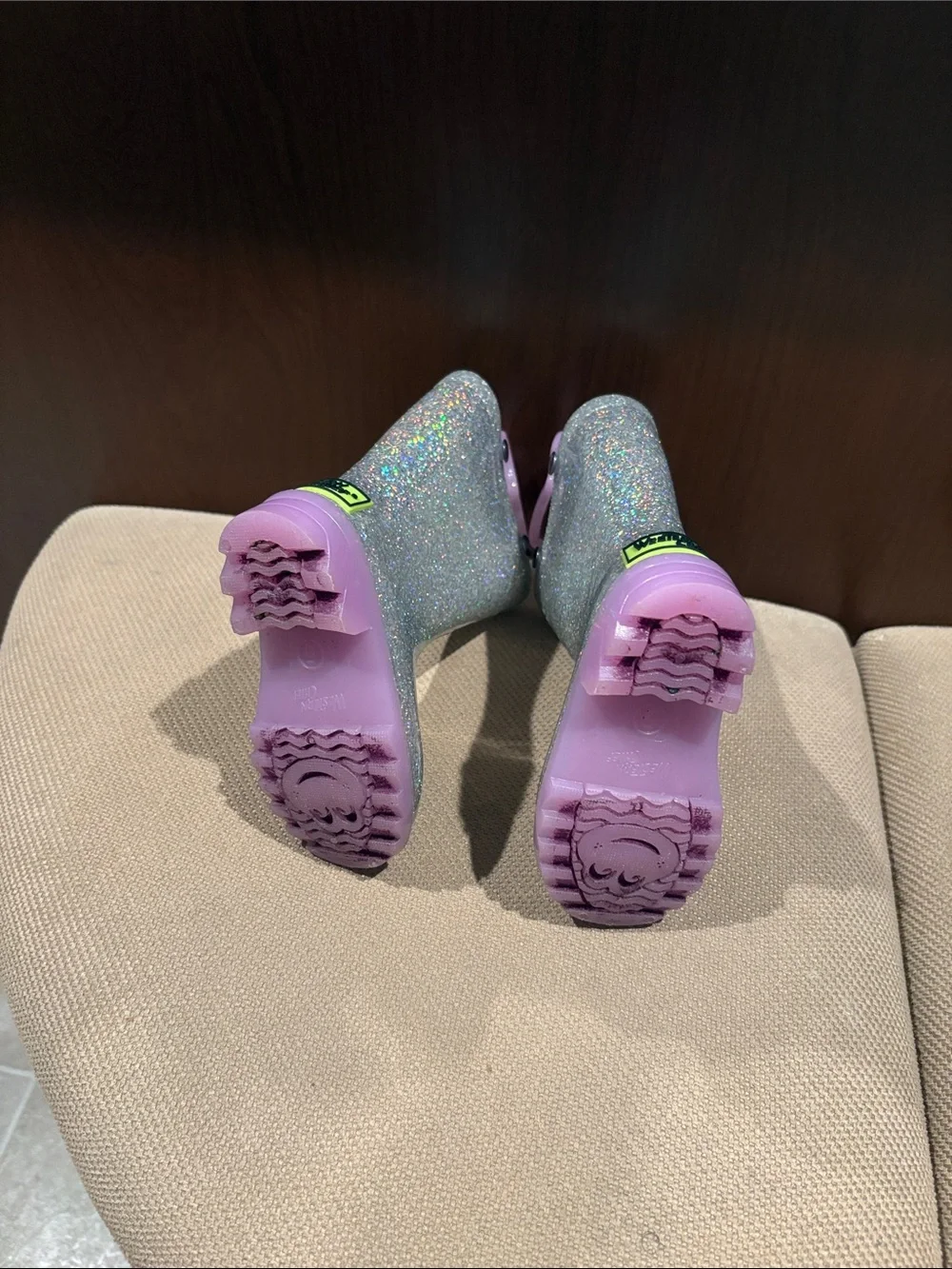 Western Chief Silver Glitter Kids Rain Boots with Lilac Handles